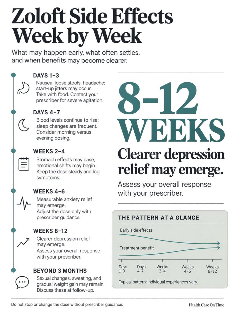Zoloft side effects timeline detailing symptoms and benefits over weeks, including a graph of treatment effects. Infographic.