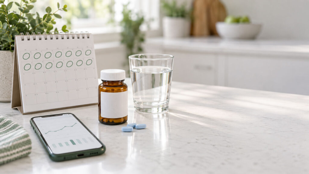 A brown pill bottle, a glass of water, and a smartphone displaying a graph on a marble countertop with a calendar.