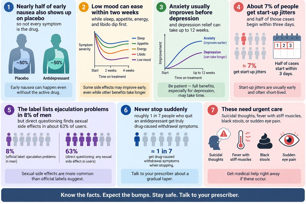 Infographic detailing antidepressant effects, including symptoms, timelines, and urgent care needs.