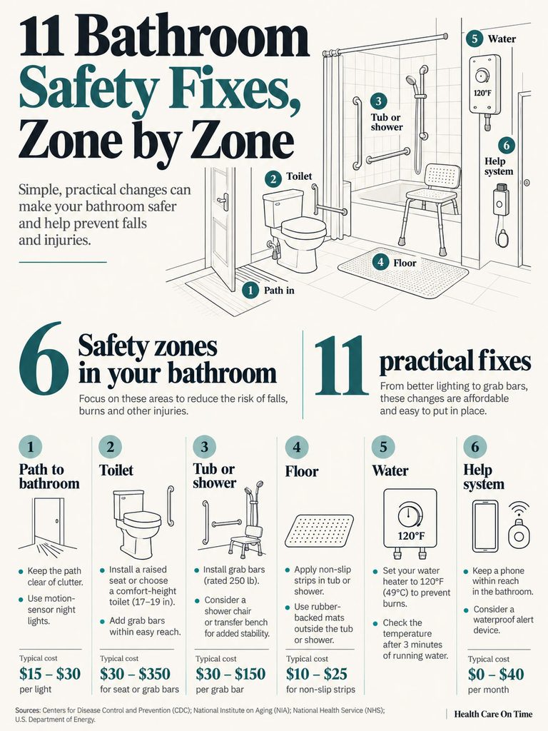 Infographic showing 11 bathroom safety fixes, including zones like toilet and tub, with cost estimates and icons.