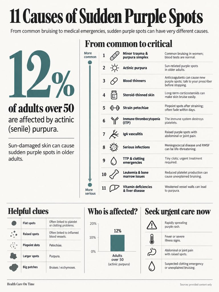 Infographic detailing 11 causes of sudden purple spots, with statistics and helpful clues for adults over 50.