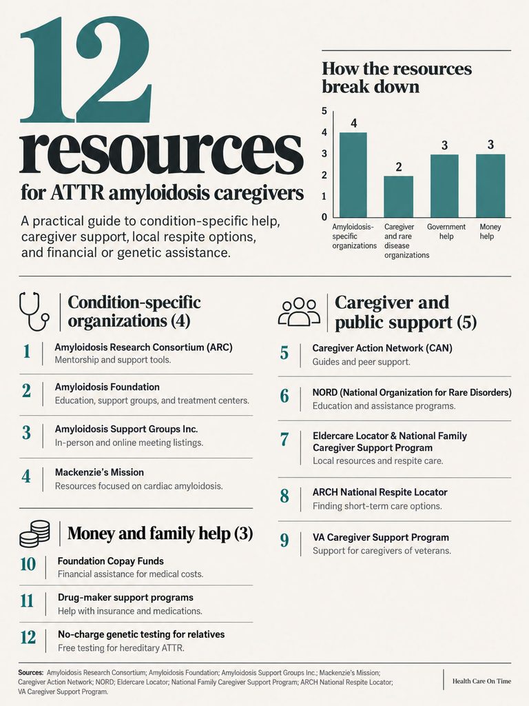 Infographic listing 12 resources for ATTR amyloidosis caregivers, including organizations and support options.