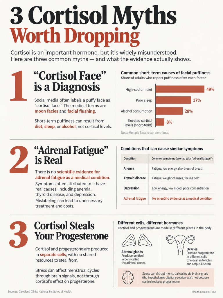 Infographic explaining three myths about cortisol, including "Cortisol Face," "Adrenal Fatigue," and hormone interactions.