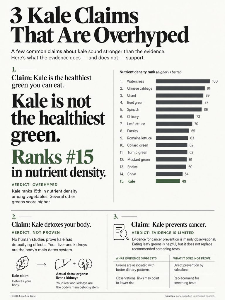 Infographic showing kale claims, nutrient density rankings, and detoxification information with illustrations.
