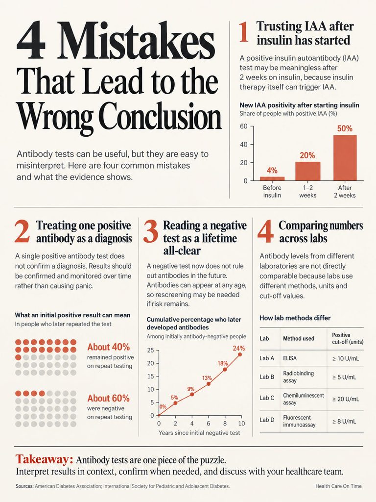 Infographic showing 4 mistakes in interpreting antibody tests, with charts and statistics on test results and methods.