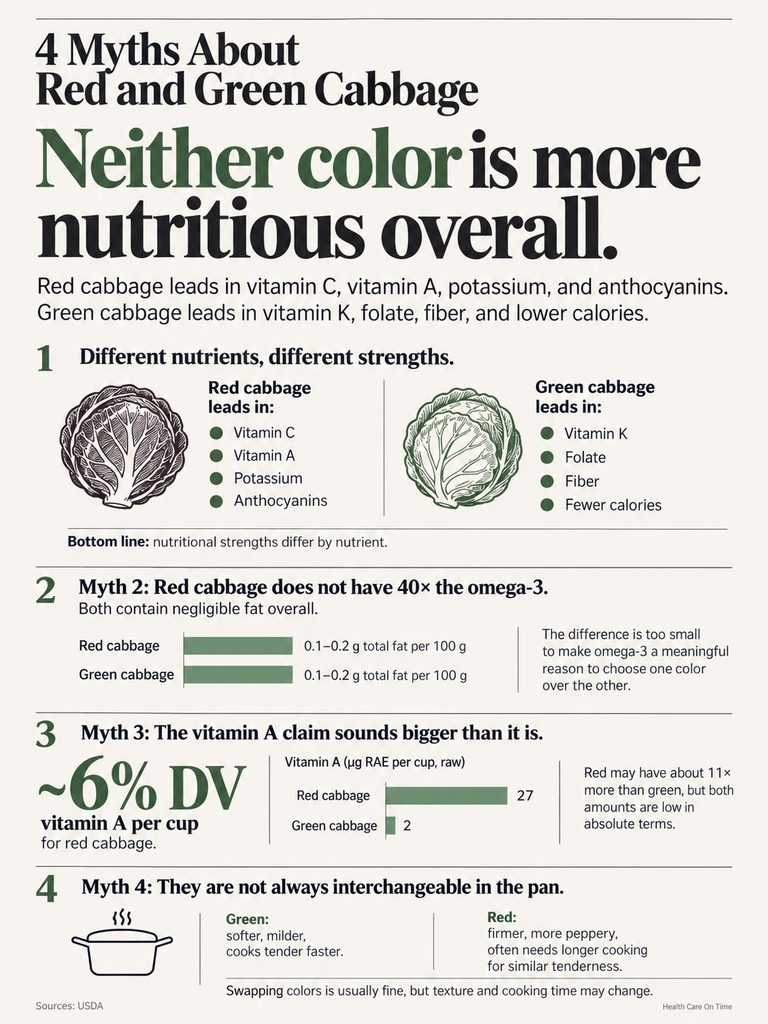 Infographic comparing nutritional values of red and green cabbage, highlighting vitamins and cooking differences.