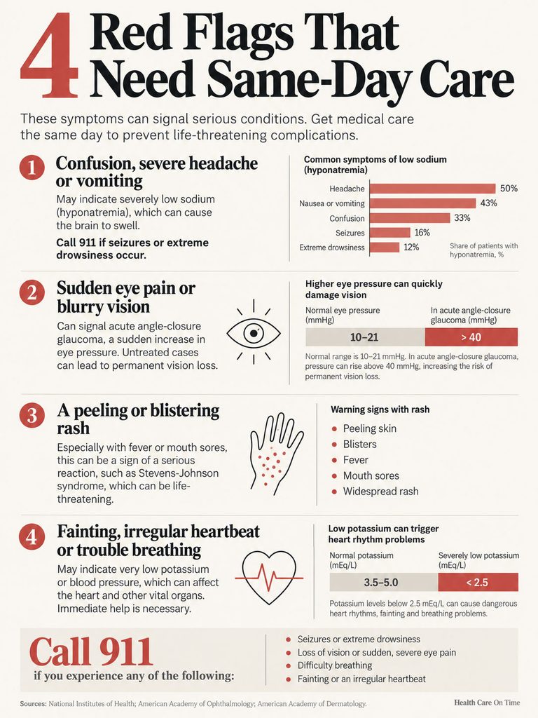 Infographic detailing four red flags needing same-day care, including symptoms and statistics on conditions.