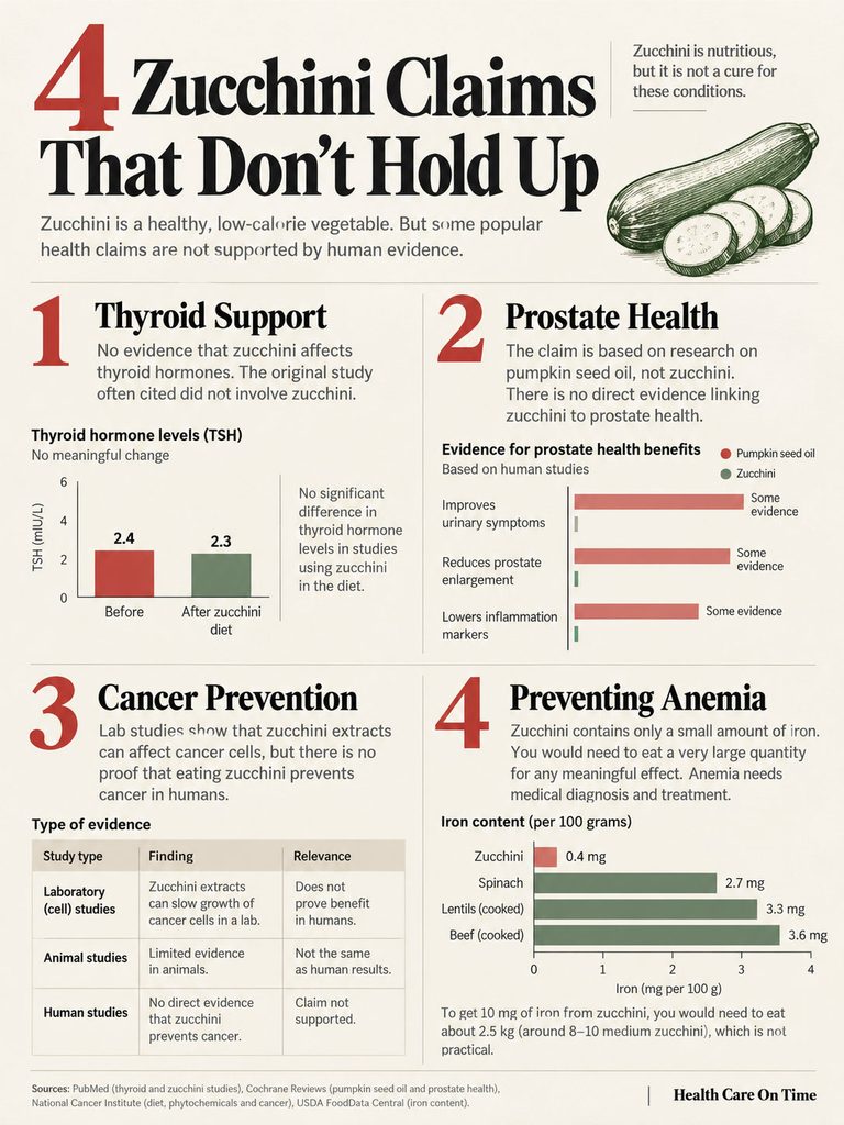 Infographic detailing four zucchini health claims, including thyroid support, prostate health, cancer prevention, and anemia prevention.