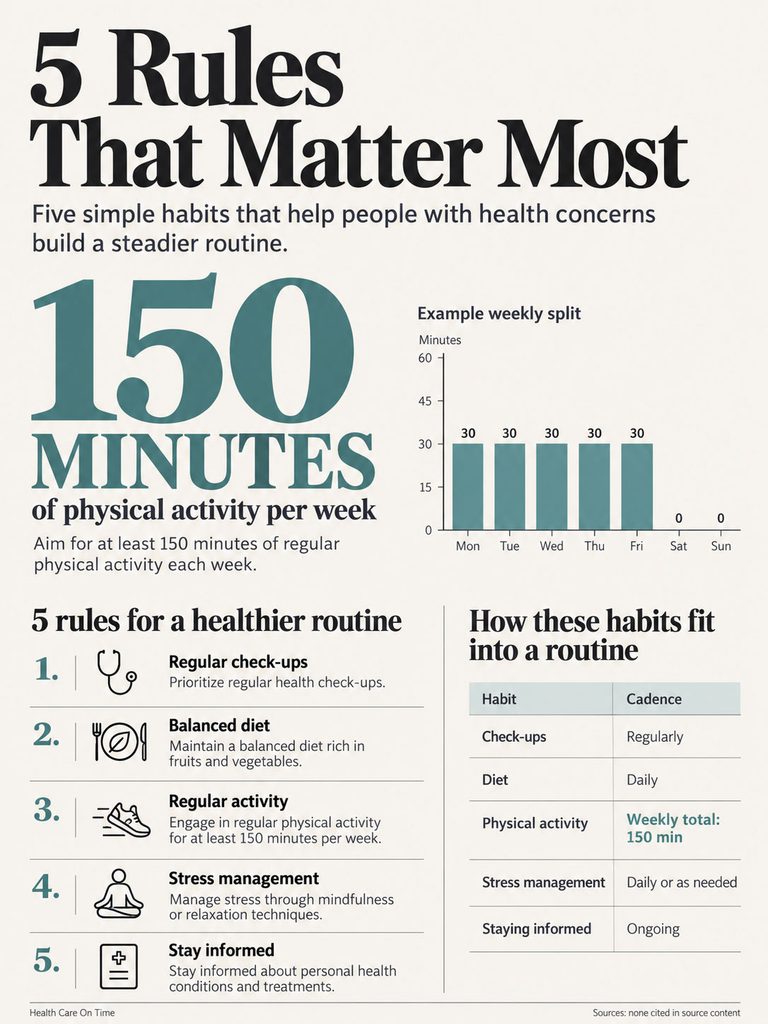 Infographic showing 5 rules for a healthier routine, including 150 minutes of physical activity per week and a bar graph.