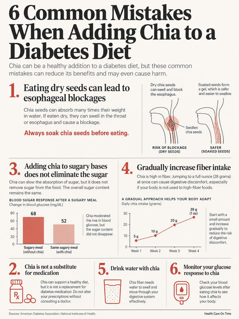 Infographic showing 6 common mistakes when adding chia to a diabetes diet, with charts and illustrations.