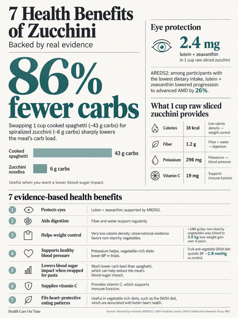 Infographic showing 7 health benefits of zucchini, including nutrition facts and comparison to spaghetti.