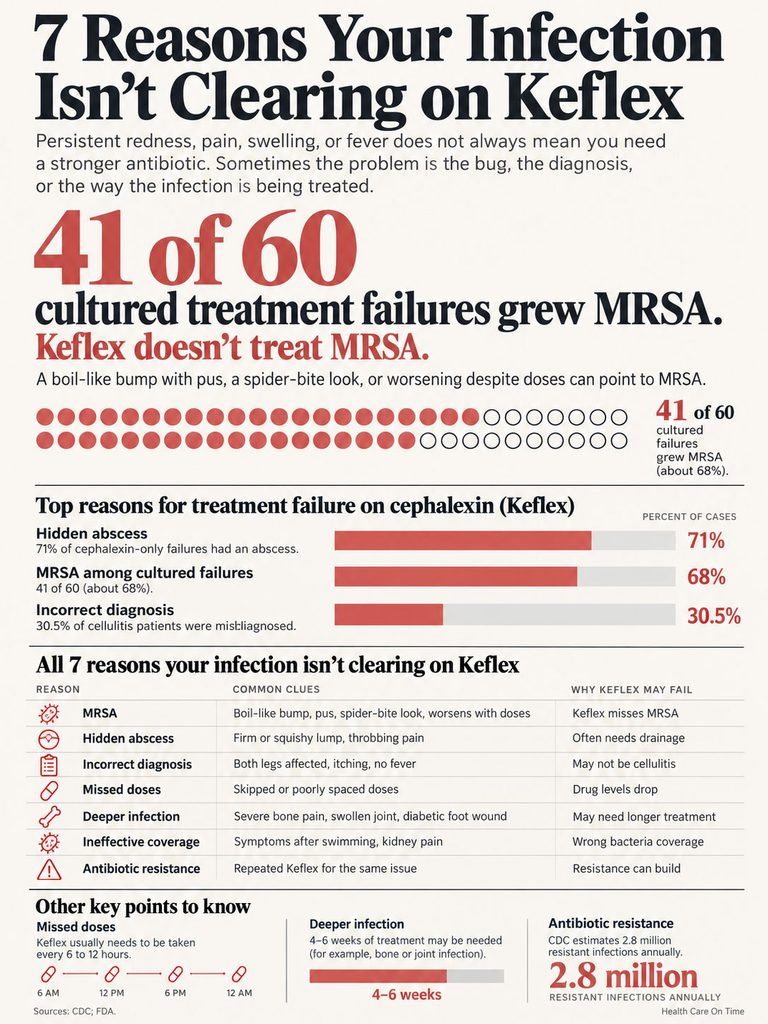 Infographic showing reasons infections fail to clear on Keflex, including statistics and common clues for MRSA.