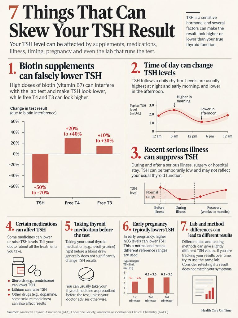Infographic showing 7 factors affecting TSH results, including charts and statistics on biotin, time of day, and medications.