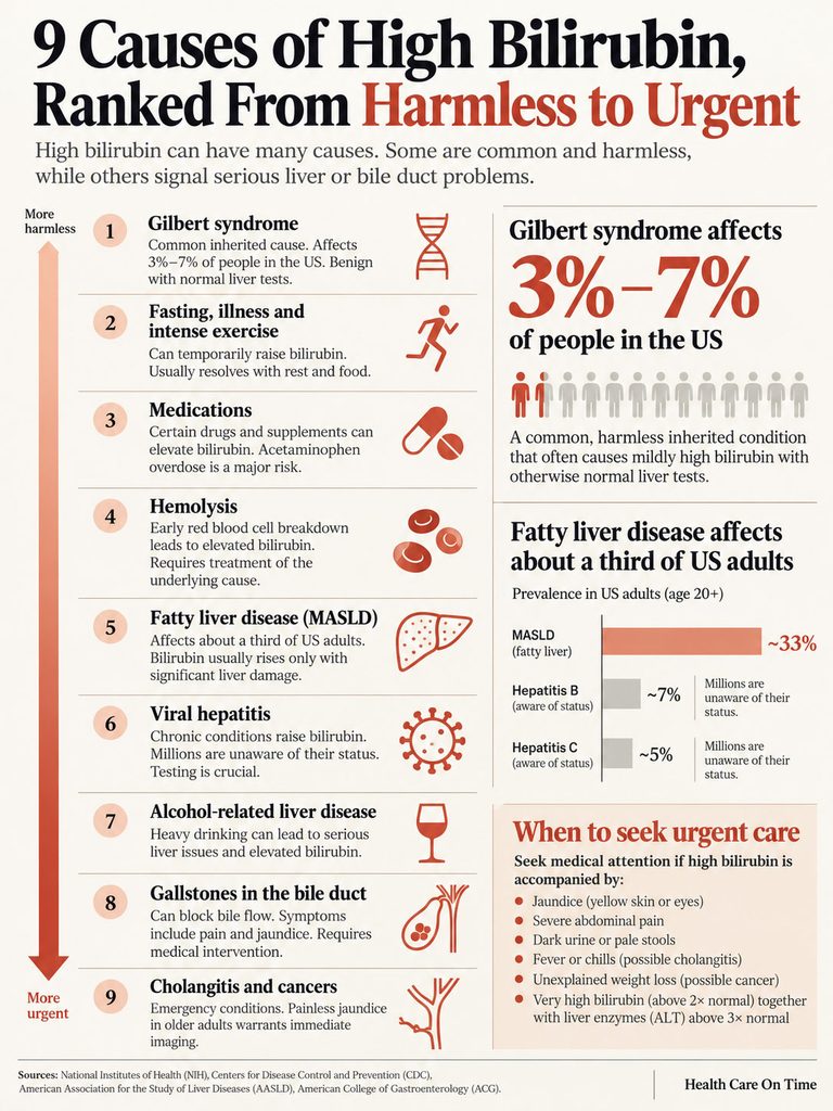 Infographic showing 9 causes of high bilirubin, ranked from harmless to urgent, with statistics and illustrations.