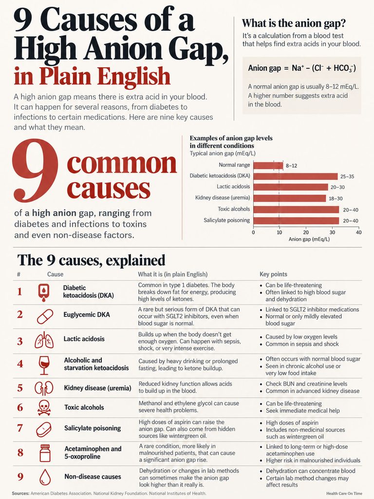 Infographic explaining 9 causes of a high anion gap, including charts and key points for each cause.