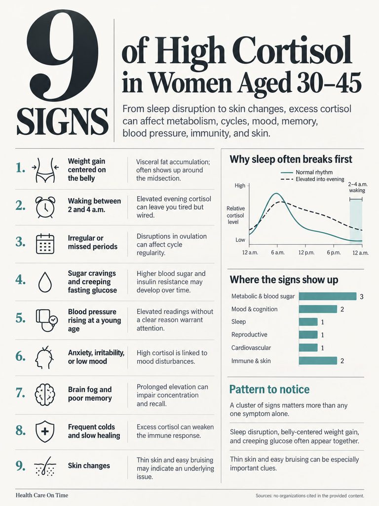 Infographic showing 9 signs of high cortisol in women aged 30-45, including charts and descriptions of symptoms.