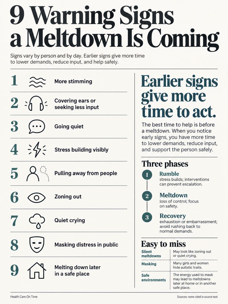 Infographic showing 9 warning signs of an impending meltdown, including stimming and zoning out.