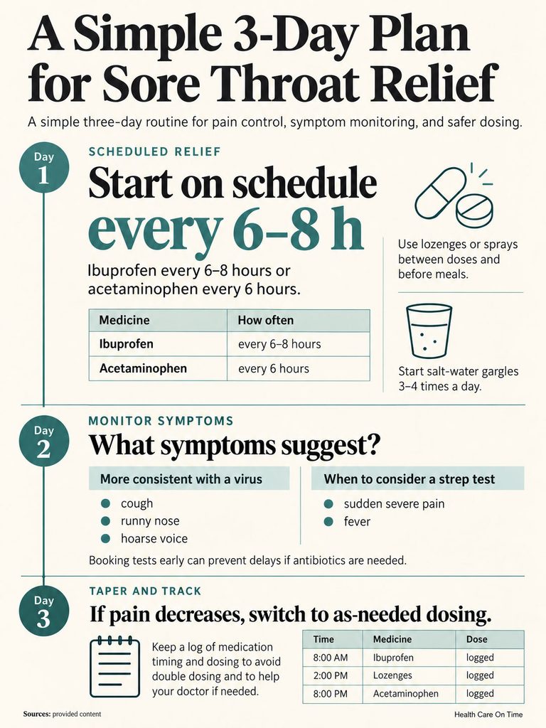 Infographic detailing a 3-day plan for sore throat relief with medication schedules and symptom monitoring tips.