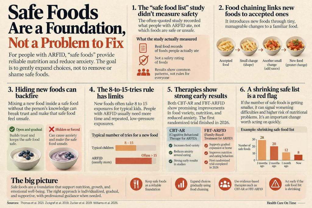 Infographic detailing safe foods for ARFID, including study findings, food chaining, and therapy results.