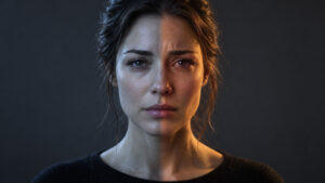 A woman with contrasting expressions, one side calm and the other side tearful, against a dark background.