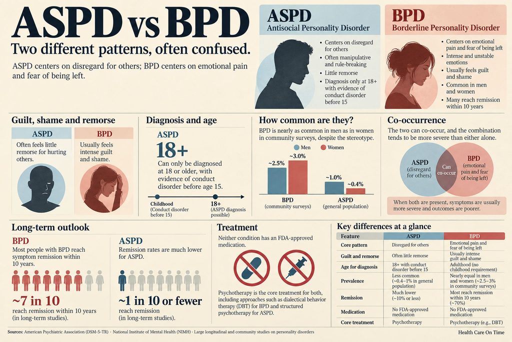 Comparison infographic of ASPD and BPD, detailing symptoms, diagnosis, prevalence, and treatment options.