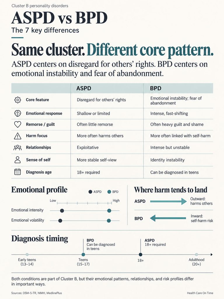 Comparison of ASPD and BPD highlighting core features, emotional profiles, and diagnosis timing in an infographic.