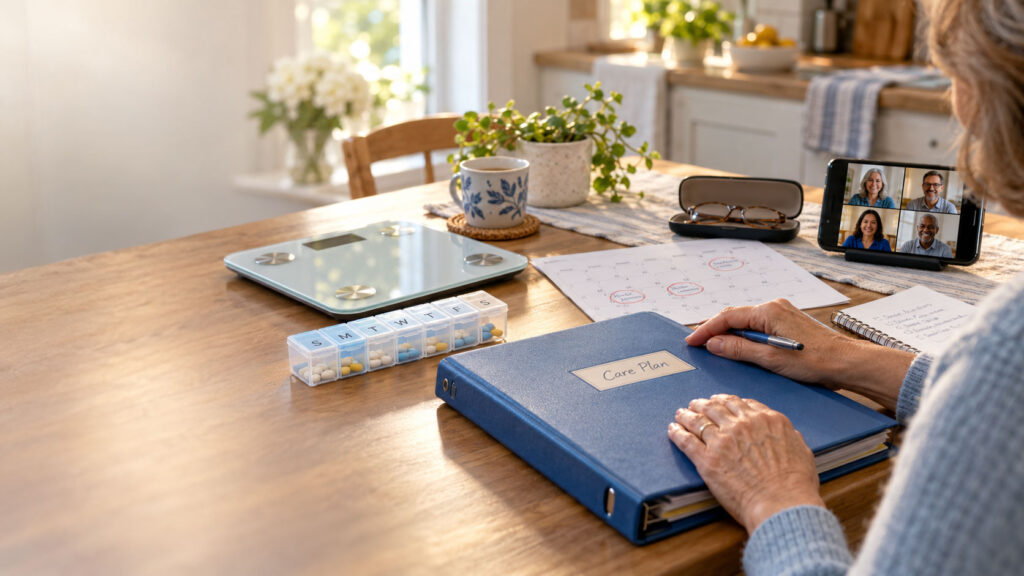 A person writes in a care plan binder at a wooden table with a scale, pill organizer, and video call on a phone.