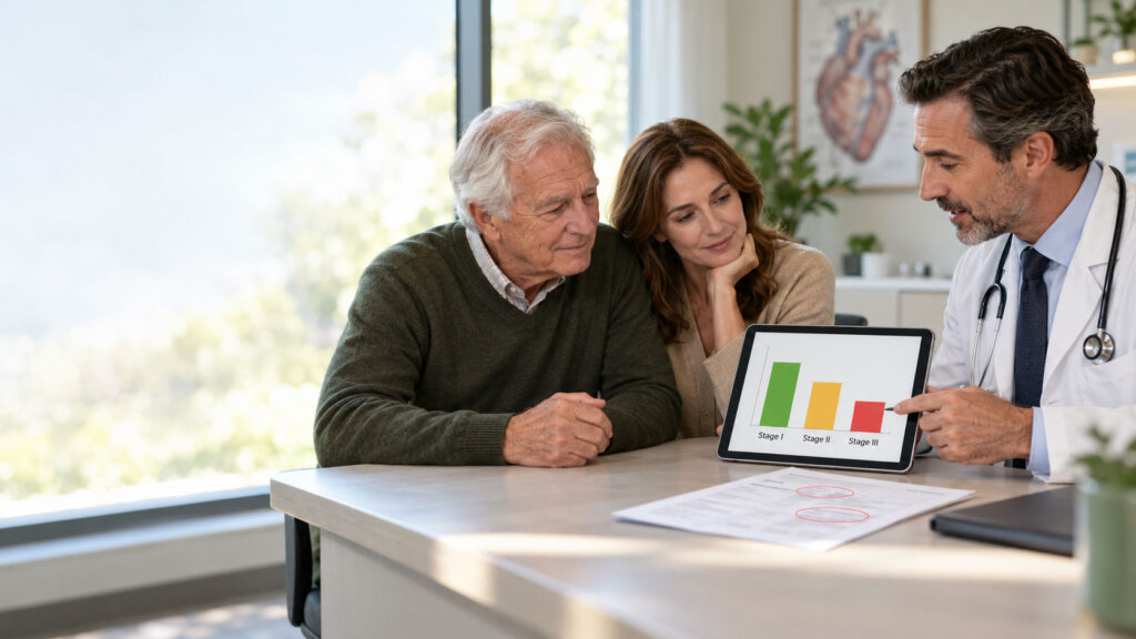 A doctor shows a couple a health chart on a tablet in a bright office setting.