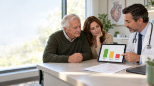 A doctor shows a couple a health chart on a tablet in a bright office setting.