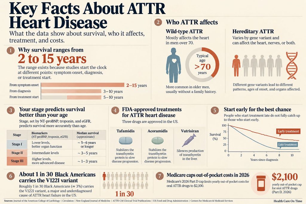 Infographic detailing ATTR heart disease survival rates, affected demographics, treatments, and costs with charts and icons.