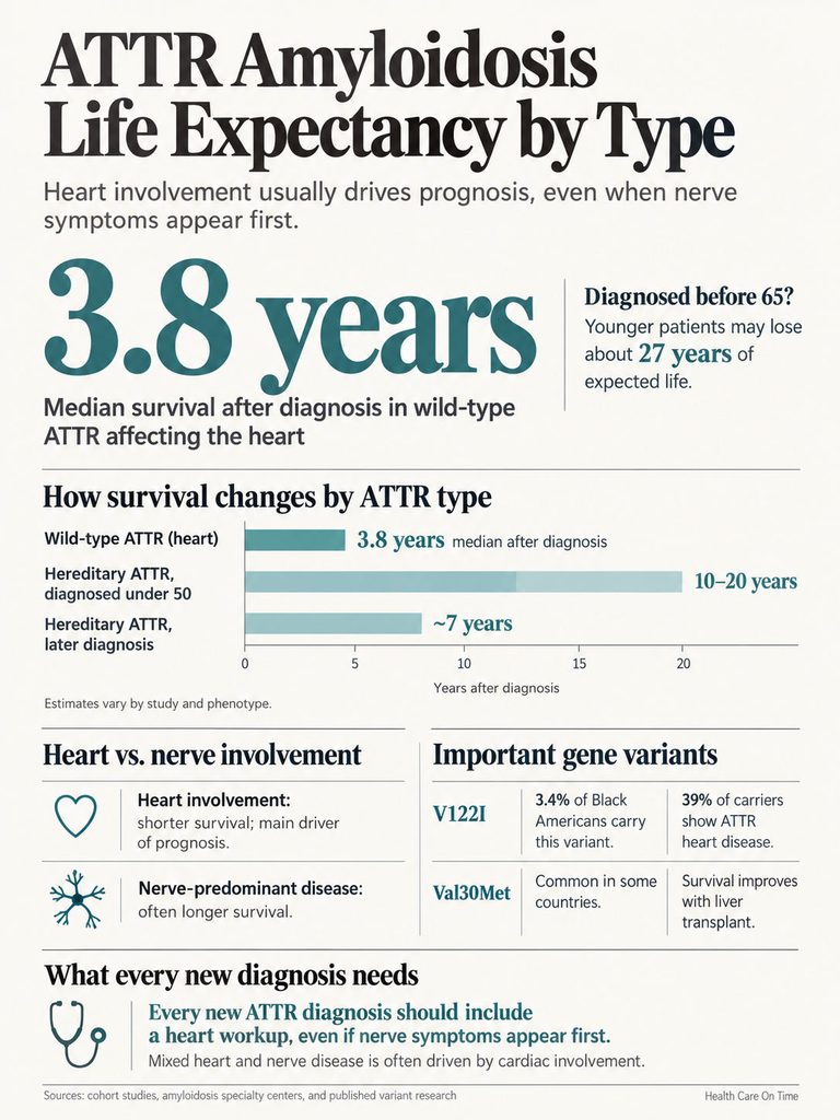 Infographic showing ATTR amyloidosis life expectancy with statistics on heart involvement and gene variants.
