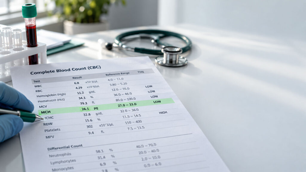 A hand holding a pen points to a blood test report with highlighted low values and a stethoscope in the background.