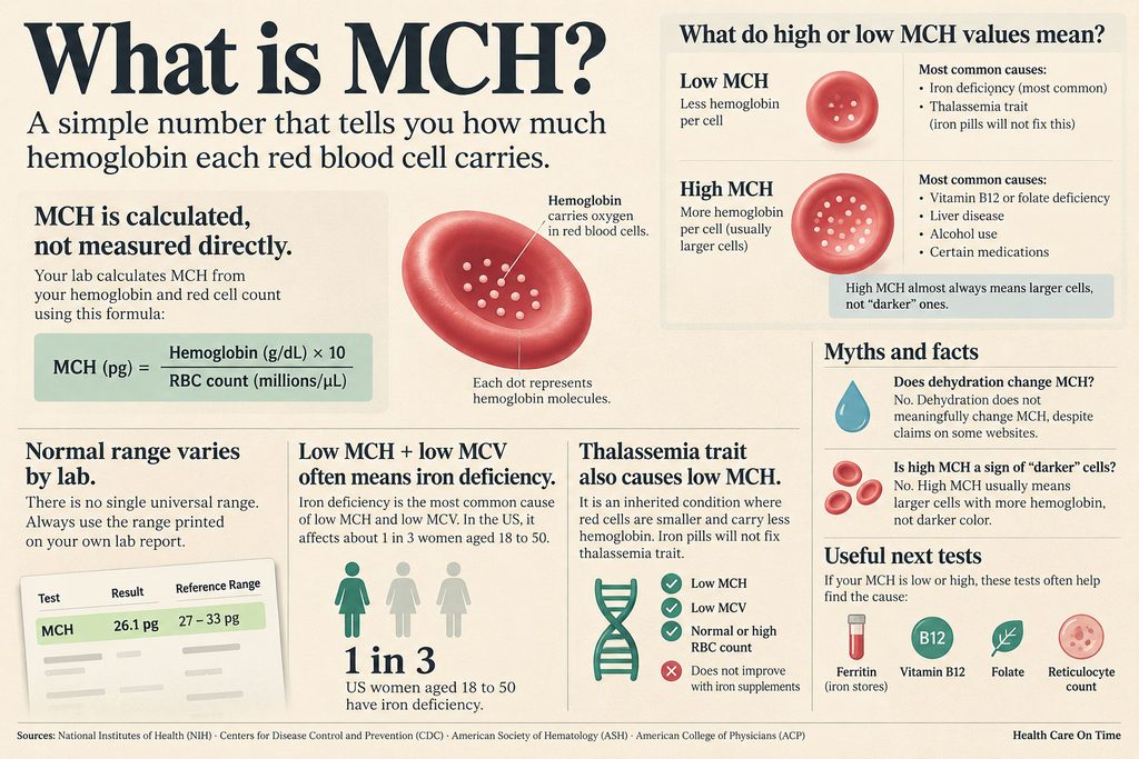 Infographic explaining MCH, its calculation, normal ranges, causes of low/high values, and related tests.