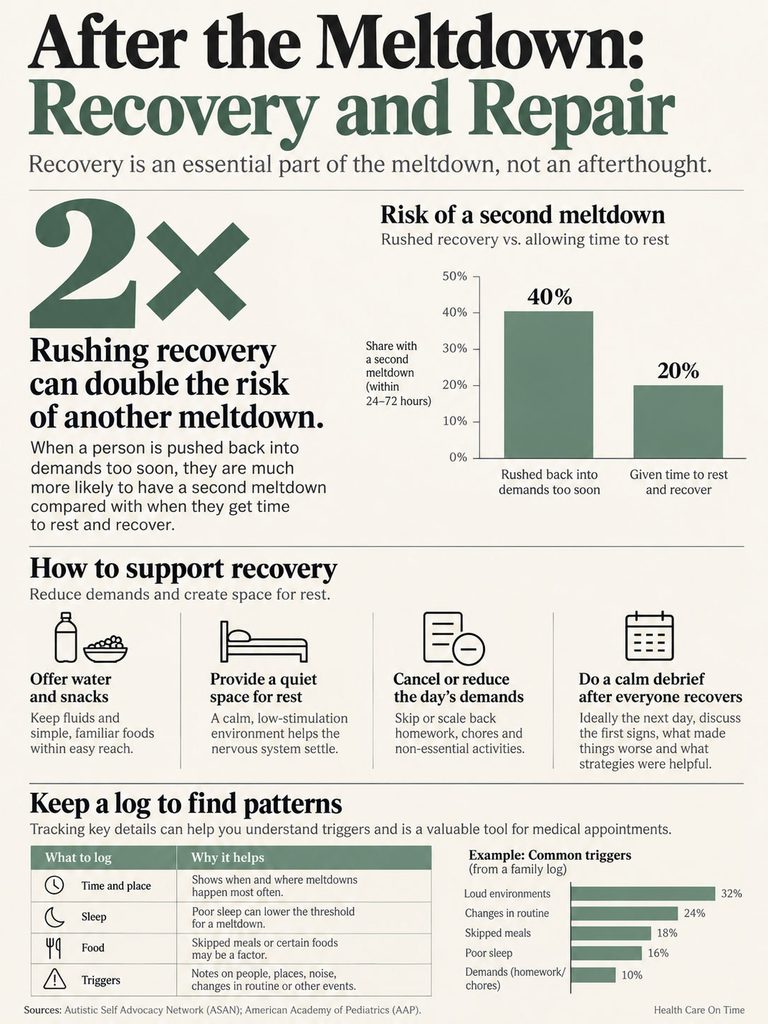 Infographic on recovery after meltdowns, showing risks, support methods, and logging patterns with charts and icons.