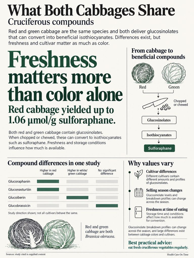 Infographic comparing red and green cabbage, highlighting freshness and glucosinolate content with charts and illustrations.