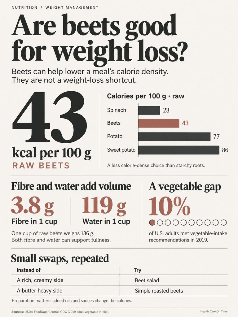 Infographic showing beets' calorie content, fiber, water volume, and vegetable intake recommendations for weight management.