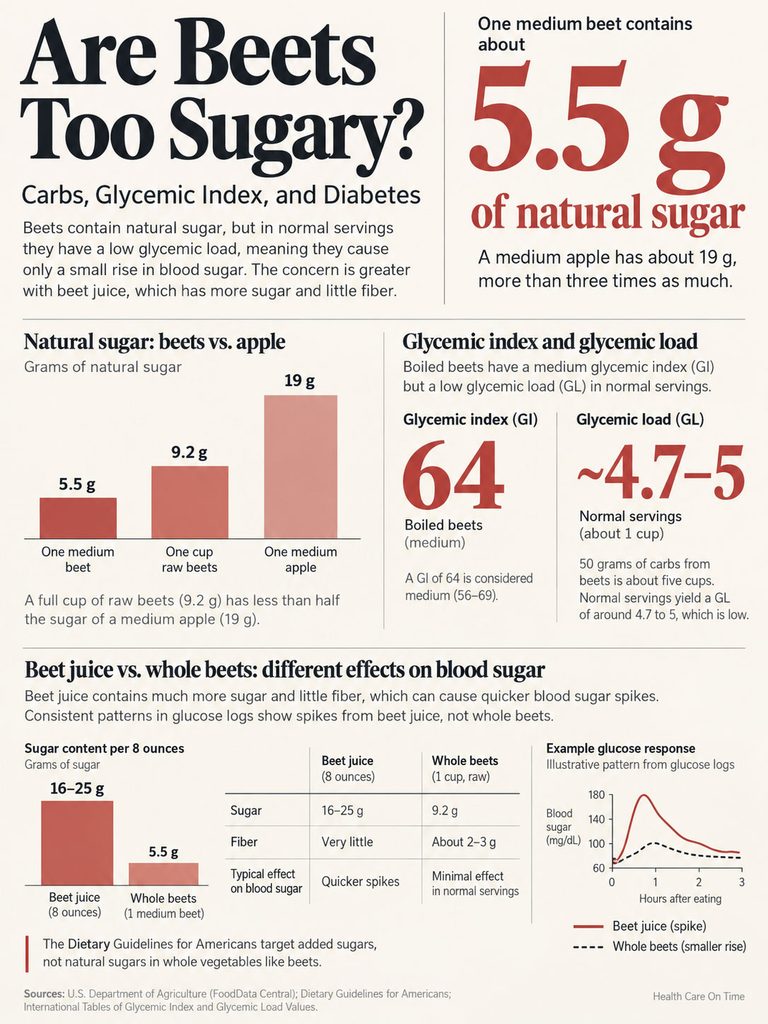 Infographic comparing natural sugar content in beets and apples, glycemic index, and effects of beet juice on blood sugar.