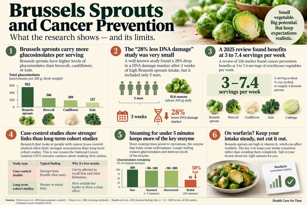 Infographic showing Brussels sprouts' glucosinolate levels, DNA damage study, cooking tips, and cancer prevention benefits.