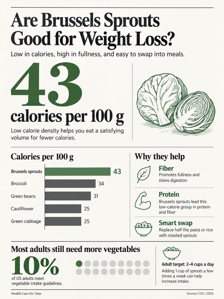 Infographic showing Brussels sprouts' 43 calories per 100g, benefits, and vegetable intake statistics.