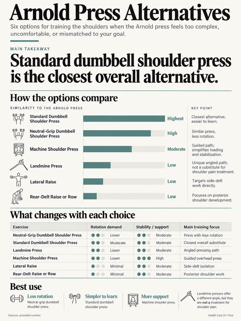 Infographic comparing Arnold press alternatives with exercise types, rotation demand, and training focus details.