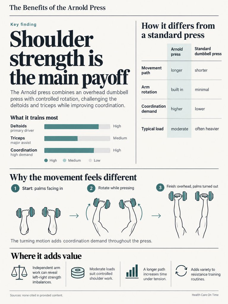 Infographic explaining the Arnold Press benefits, showing training focus, movement differences, and value added.