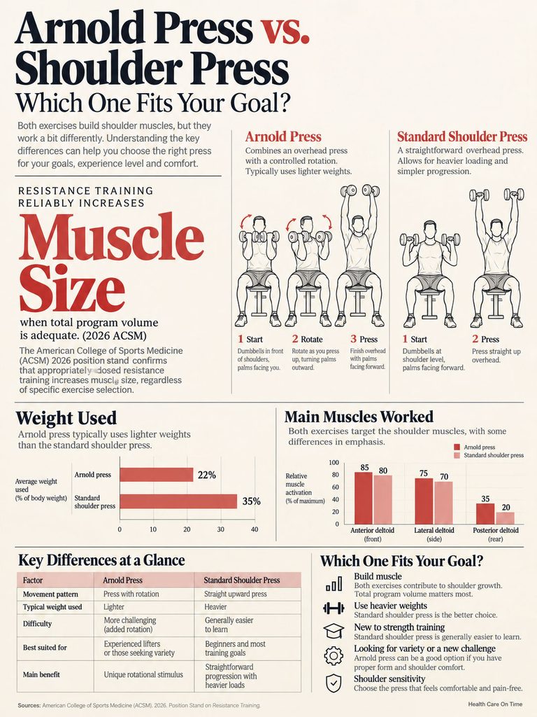 Infographic comparing Arnold Press and Shoulder Press, detailing techniques, weights, and muscle activation.