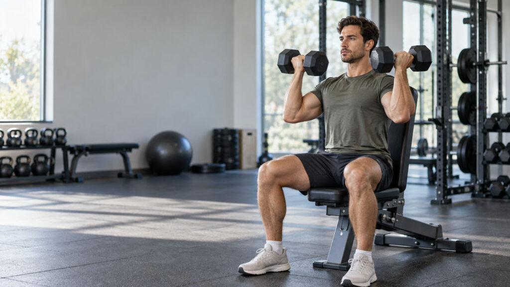 A man lifts dumbbells while seated on a bench in a gym setting.