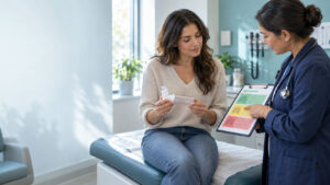 A woman holds an inhaler while discussing with a doctor in a medical office.