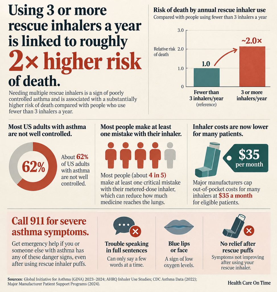 Infographic showing asthma inhaler usage, risks, and costs with statistics and illustrations.