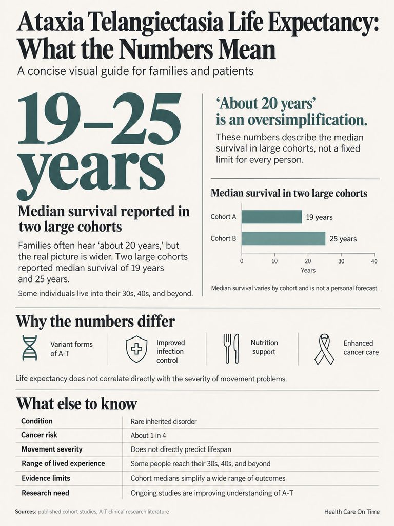 Infographic on Ataxia Telangiectasia life expectancy, showing median survival and factors influencing outcomes.