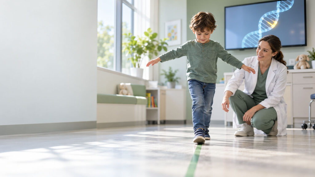 A child walks along a green line in a bright medical office while a smiling woman observes him.