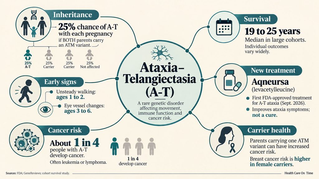 Infographic on Ataxia-Telangiectasia (A-T) detailing inheritance, early signs, cancer risk, and new treatment options.