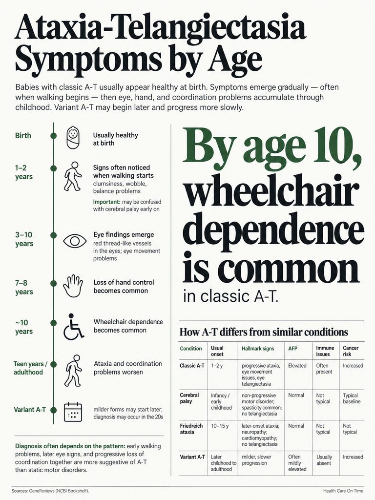 Infographic showing Ataxia-Telangiectasia symptoms by age, including key milestones and comparisons with similar conditions.