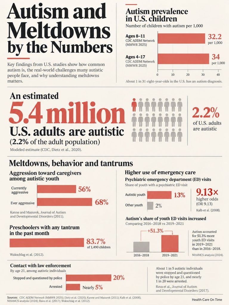 Infographic showing autism statistics, including prevalence, meltdowns, and emergency care usage among autistic individuals.
